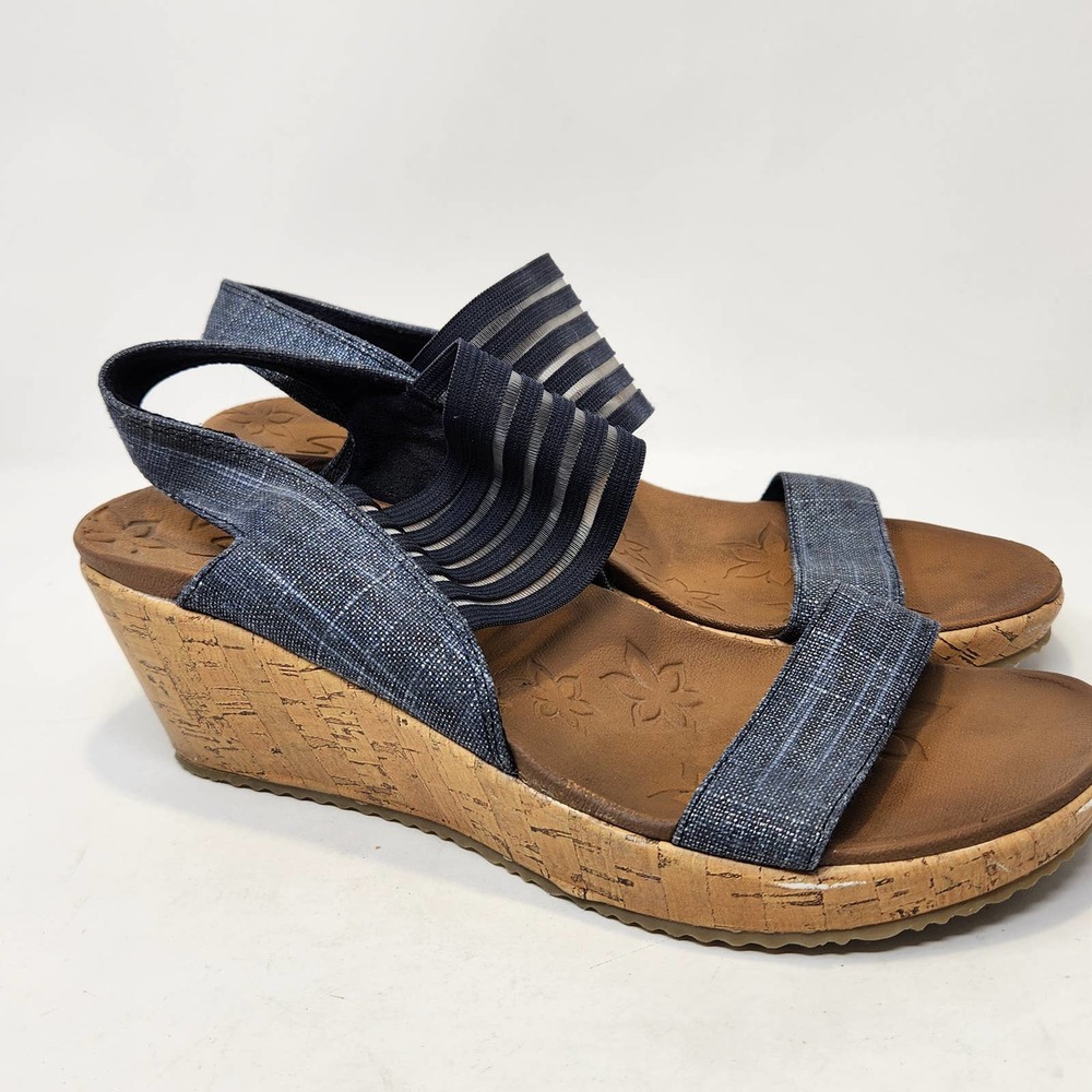 Skechers Beverlee Smitten Kitten Blue Wedge Slingback Sandals Womens 8 Comfort